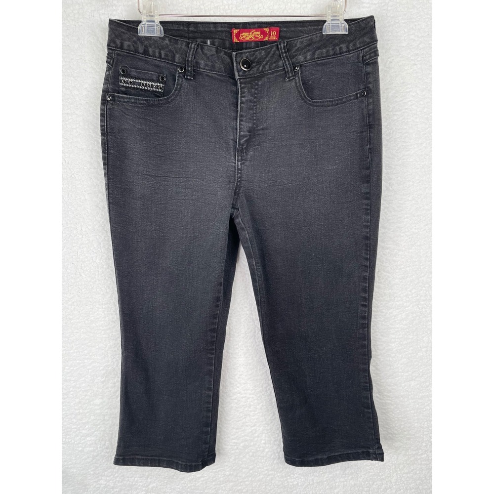 One‎ 5 One Womens Black Denim Capri Jeans Size 10 Embroidered Studded Pockets